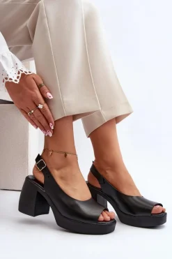 Discount Zazoo 40376 Skórzane Sandały Na Masywnym Obcasie Czarne Czarny