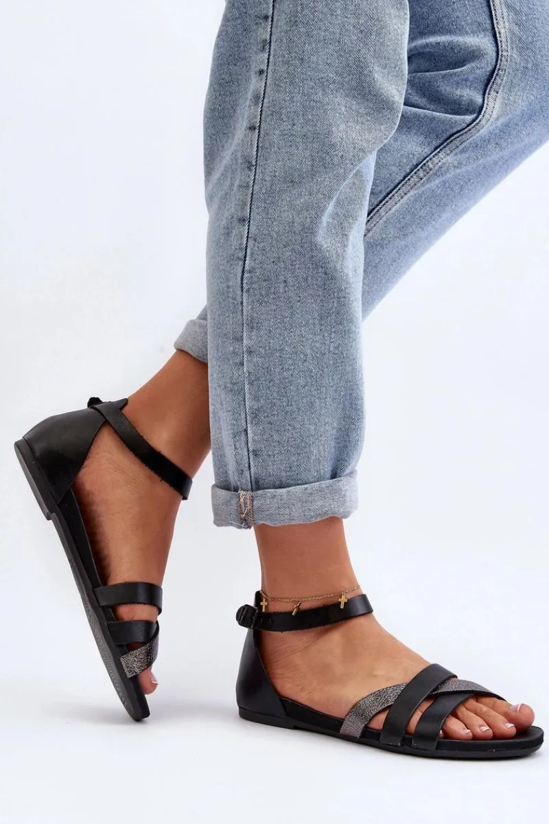 Sandały Płaskie>Zazoo 40225 Skórzane Sandały Na Płaskim Obcasie Czarne