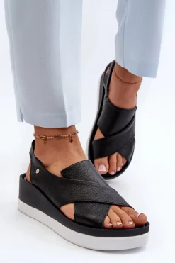 Online Zazoo 40256 Skórzane Sandały Na Koturnie Czarne Czarny