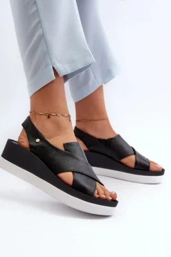 Online Zazoo 40256 Skórzane Sandały Na Koturnie Czarne Czarny