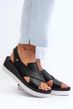 Online Zazoo 40256 Skórzane Sandały Na Koturnie Czarne Czarny