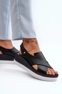 Online Zazoo 40256 Skórzane Sandały Na Koturnie Czarne Czarny