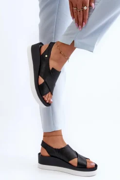 Online Zazoo 40256 Skórzane Sandały Na Koturnie Czarne Czarny