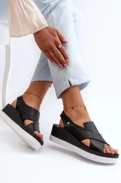 Online Zazoo 40256 Skórzane Sandały Na Koturnie Czarne Czarny