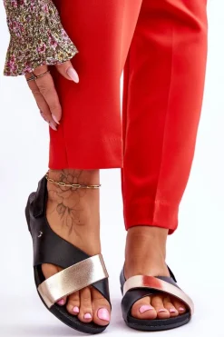 New Zazoo 40141 Skórzane Sandały Na Rzep Czarno-Złote