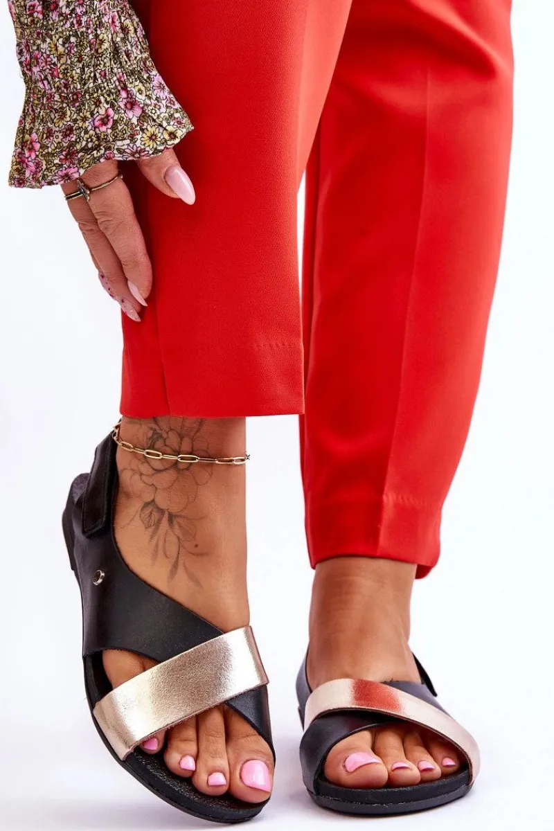 New Zazoo 40141 Skórzane Sandały Na Rzep Czarno-Złote