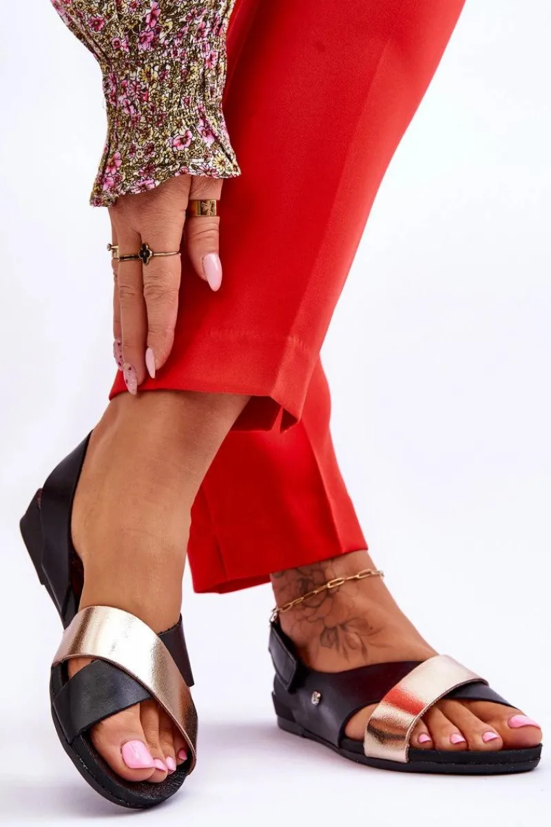 New Zazoo 40141 Skórzane Sandały Na Rzep Czarno-Złote