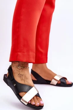 New Zazoo 40141 Skórzane Sandały Na Rzep Czarno-Złote