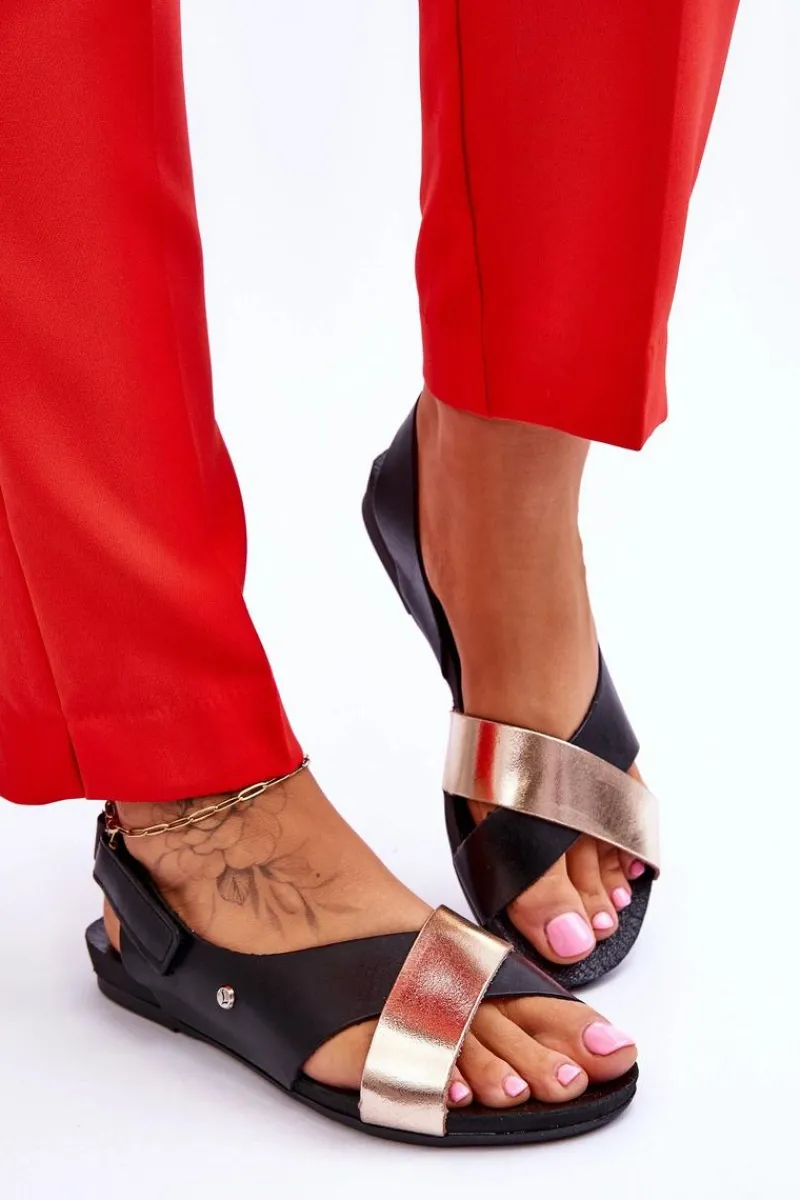 New Zazoo 40141 Skórzane Sandały Na Rzep Czarno-Złote