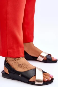 New Zazoo 40141 Skórzane Sandały Na Rzep Czarno-Złote