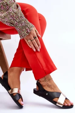 New Zazoo 40141 Skórzane Sandały Na Rzep Czarno-Złote