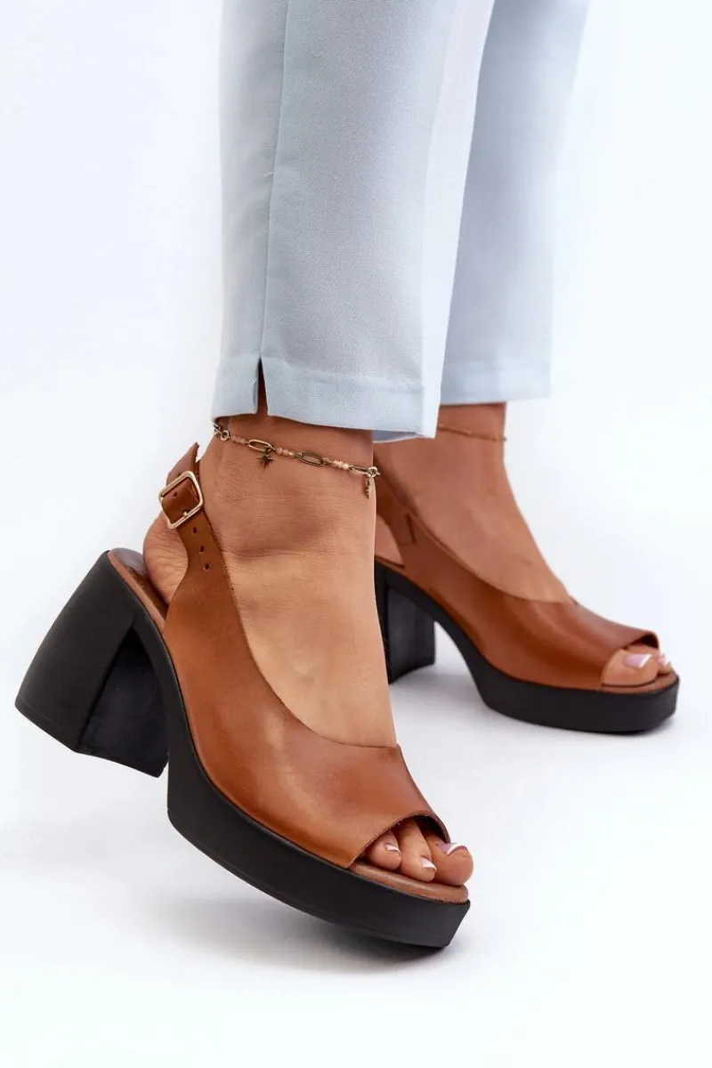 Sandały Na Obcasie>Zazoo 40376 Skórzane Sandały Na Masywnym Obcasie Brązowe Brązowy