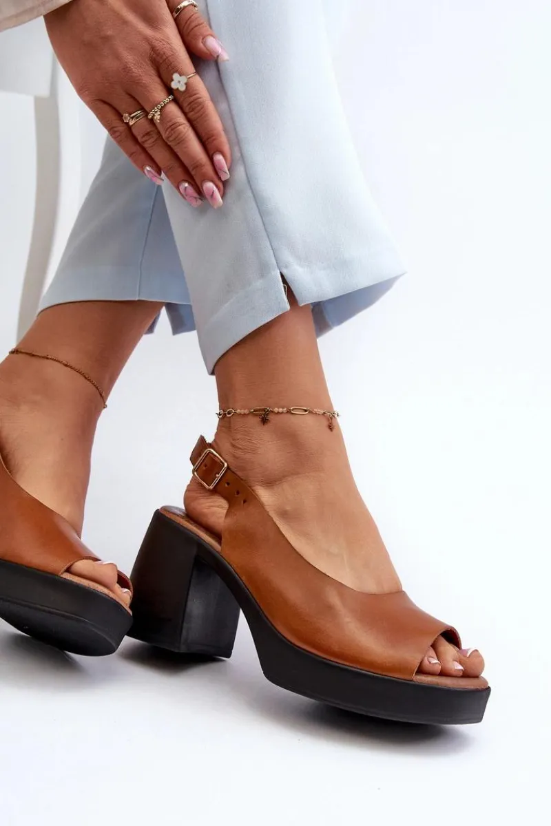 Sandały Na Obcasie>Zazoo 40376 Skórzane Sandały Na Masywnym Obcasie Brązowe Brązowy