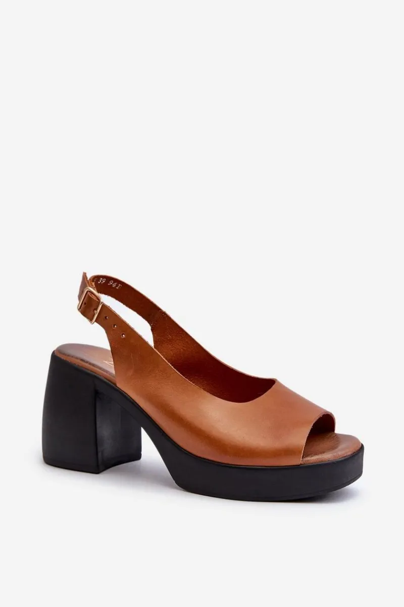 Sandały Na Obcasie>Zazoo 40376 Skórzane Sandały Na Masywnym Obcasie Brązowe Brązowy
