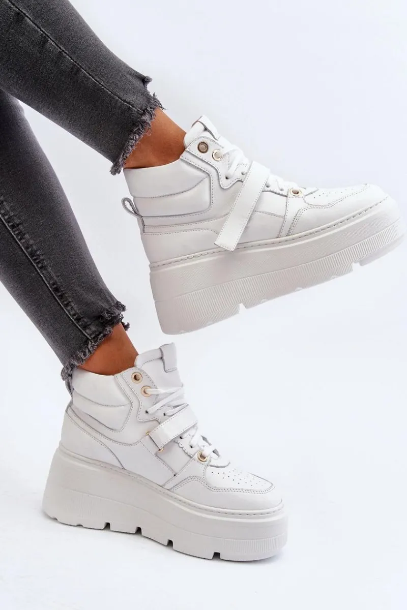 Sneakersy Damskie>Zazoo 3450 Skórzane Sneakersy Damskie Białe Biały