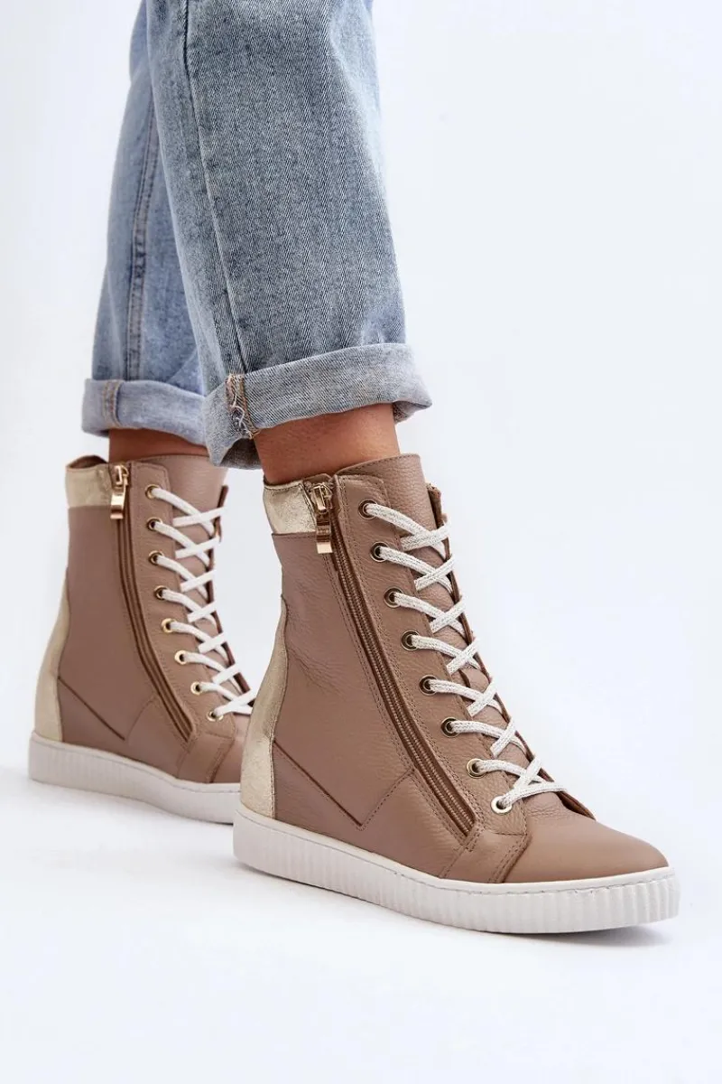 Trampki Damskie Wysokie>Zazoo 3081 Skórzane Trampki Damskie Na Koturnie Beżowe Beżowy