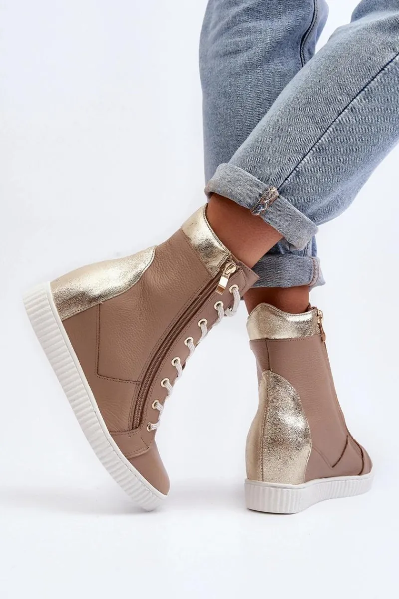 Trampki Damskie Wysokie>Zazoo 3081 Skórzane Trampki Damskie Na Koturnie Beżowe Beżowy