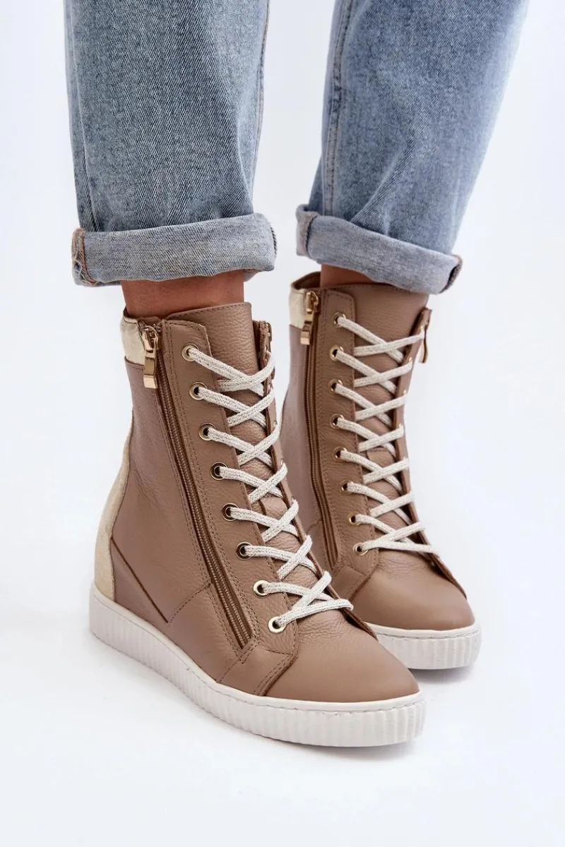 Trampki Damskie Wysokie>Zazoo 3081 Skórzane Trampki Damskie Na Koturnie Beżowe Beżowy