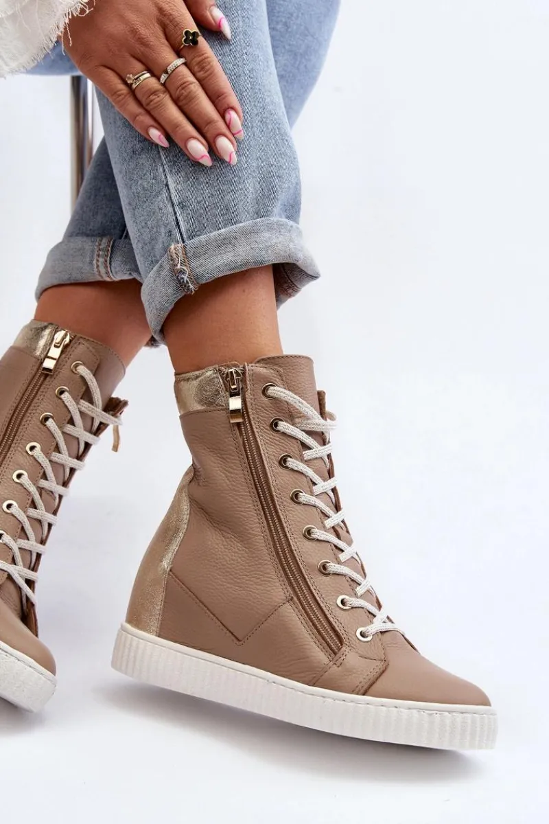 Trampki Damskie Wysokie>Zazoo 3081 Skórzane Trampki Damskie Na Koturnie Beżowe Beżowy