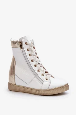 Clearance Zazoo 3081 Skórzane Trampki Damskie Na Koturnie Białe