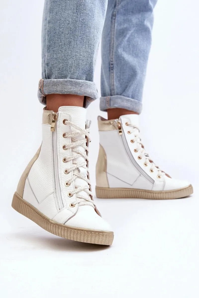 Clearance Zazoo 3081 Skórzane Trampki Damskie Na Koturnie Białe