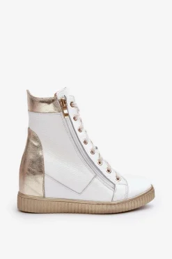 Clearance Zazoo 3081 Skórzane Trampki Damskie Na Koturnie Białe