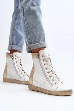 Clearance Zazoo 3081 Skórzane Trampki Damskie Na Koturnie Białe