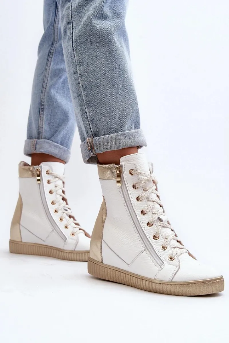 Clearance Zazoo 3081 Skórzane Trampki Damskie Na Koturnie Białe