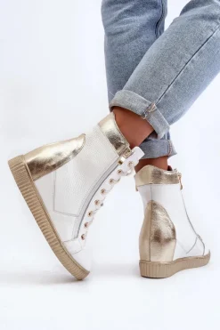 Clearance Zazoo 3081 Skórzane Trampki Damskie Na Koturnie Białe