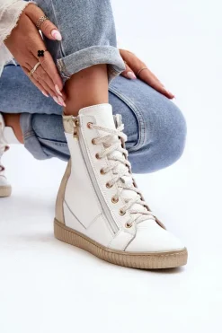 Clearance Zazoo 3081 Skórzane Trampki Damskie Na Koturnie Białe