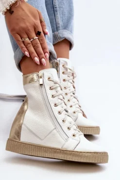 Clearance Zazoo 3081 Skórzane Trampki Damskie Na Koturnie Białe