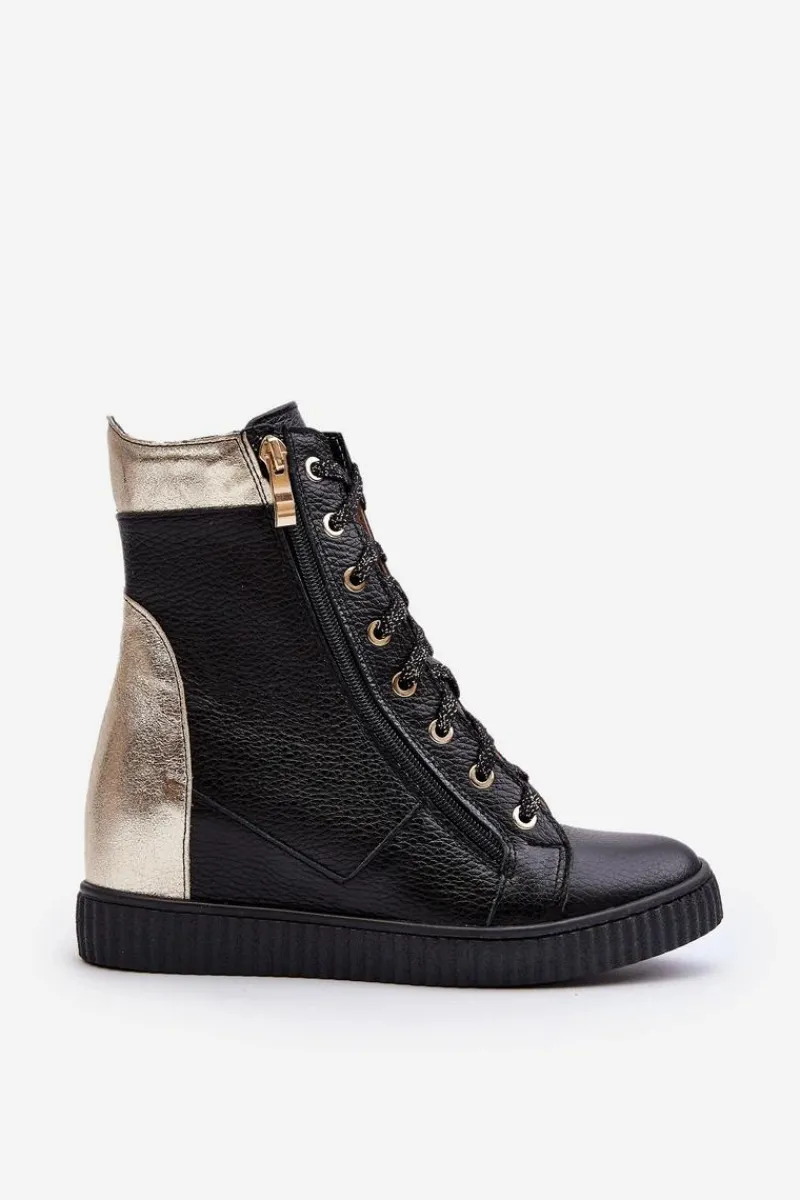 Discount Zazoo 3081 Skórzane Trampki Damskie Na Koturnie Czarne Czarny