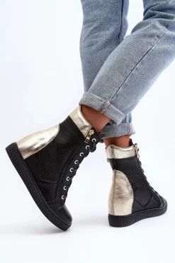 Discount Zazoo 3081 Skórzane Trampki Damskie Na Koturnie Czarne Czarny