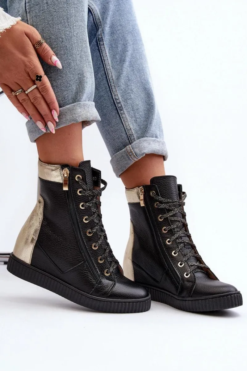 Discount Zazoo 3081 Skórzane Trampki Damskie Na Koturnie Czarne Czarny