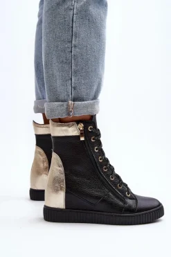 Discount Zazoo 3081 Skórzane Trampki Damskie Na Koturnie Czarne Czarny