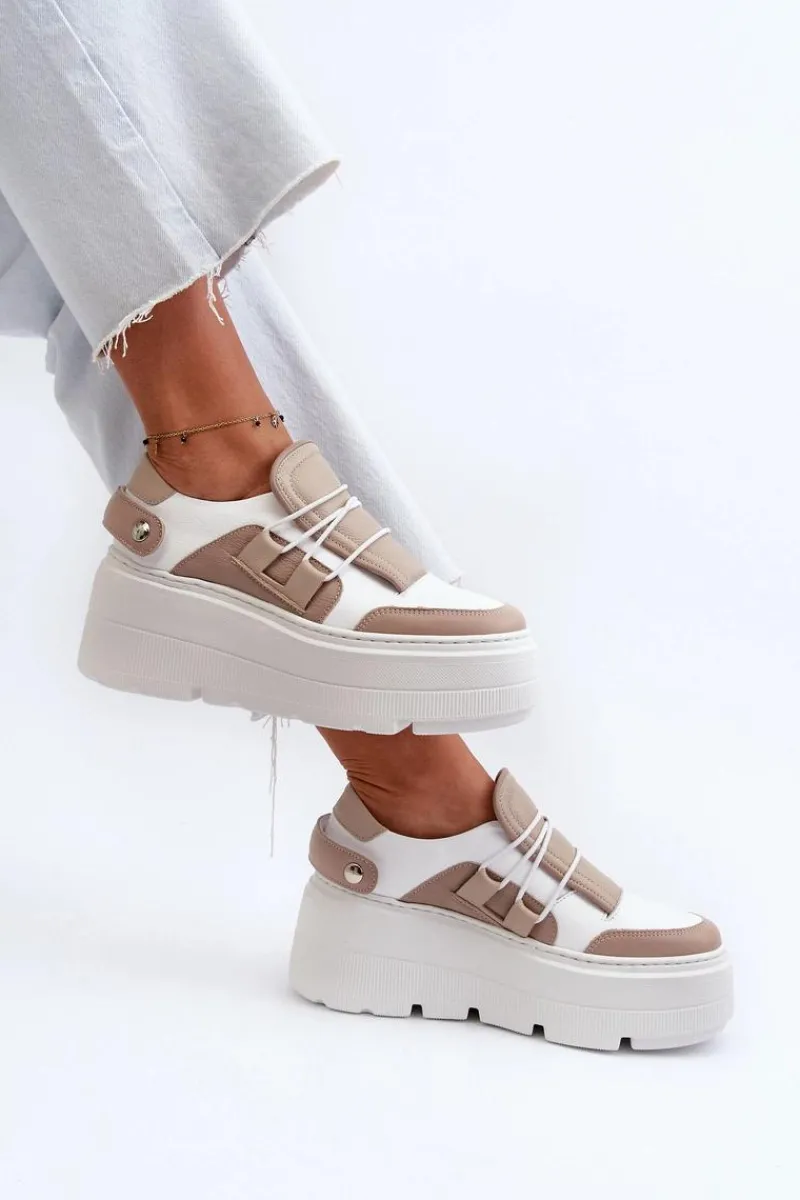 New 1833 Sneakersy Damskie Skórzane Na Masywnej Podeszwie Beżowo-Białe Damskie Buty Sportowe Na Platformie