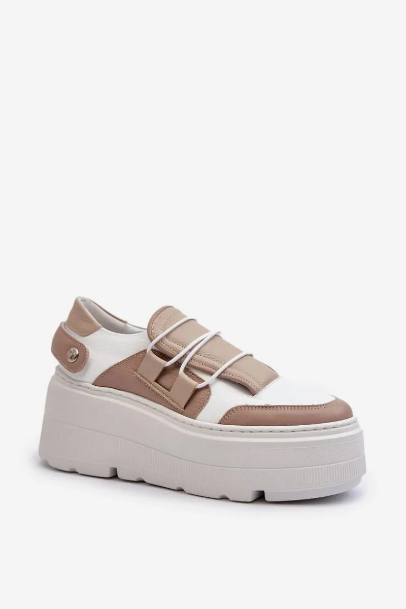 New 1833 Sneakersy Damskie Skórzane Na Masywnej Podeszwie Beżowo-Białe Damskie Buty Sportowe Na Platformie