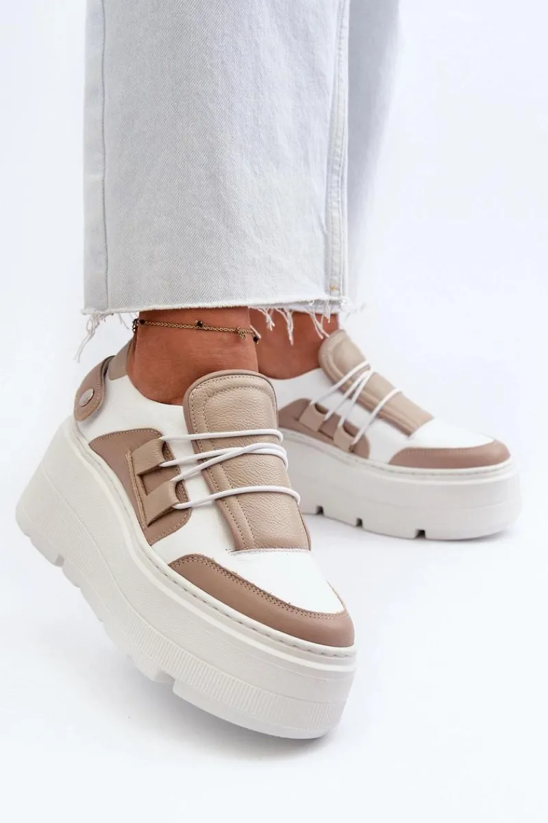 New 1833 Sneakersy Damskie Skórzane Na Masywnej Podeszwie Beżowo-Białe Damskie Buty Sportowe Na Platformie