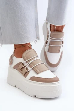 New 1833 Sneakersy Damskie Skórzane Na Masywnej Podeszwie Beżowo-Białe Damskie Buty Sportowe Na Platformie