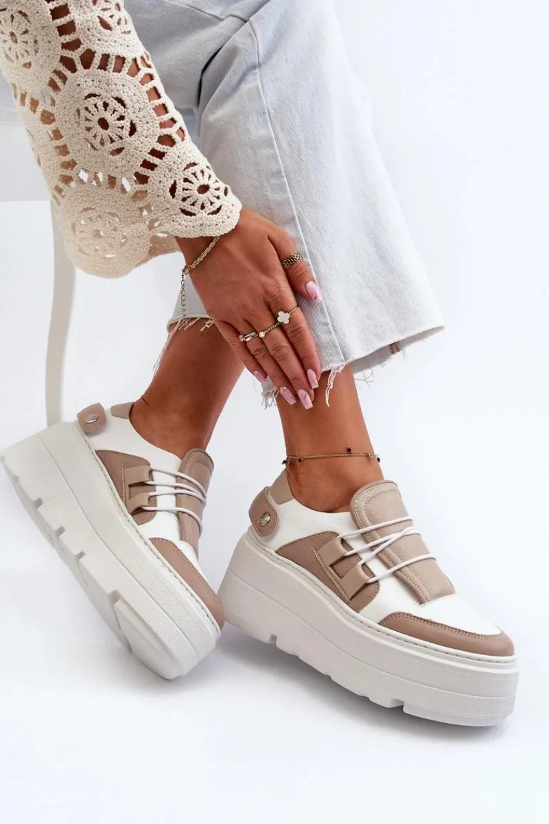 New 1833 Sneakersy Damskie Skórzane Na Masywnej Podeszwie Beżowo-Białe Damskie Buty Sportowe Na Platformie