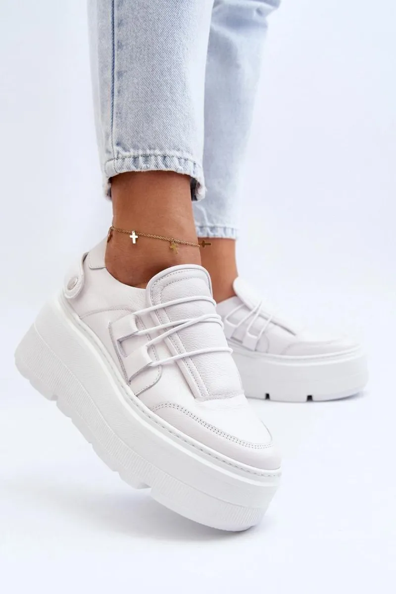 Online 1833 Sneakersy Damskie Skórzane Na Masywnej Podeszwie Białe Damskie Buty Sportowe Na Platformie