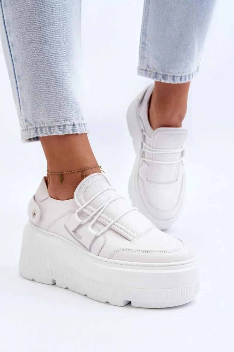 Online 1833 Sneakersy Damskie Skórzane Na Masywnej Podeszwie Białe Damskie Buty Sportowe Na Platformie