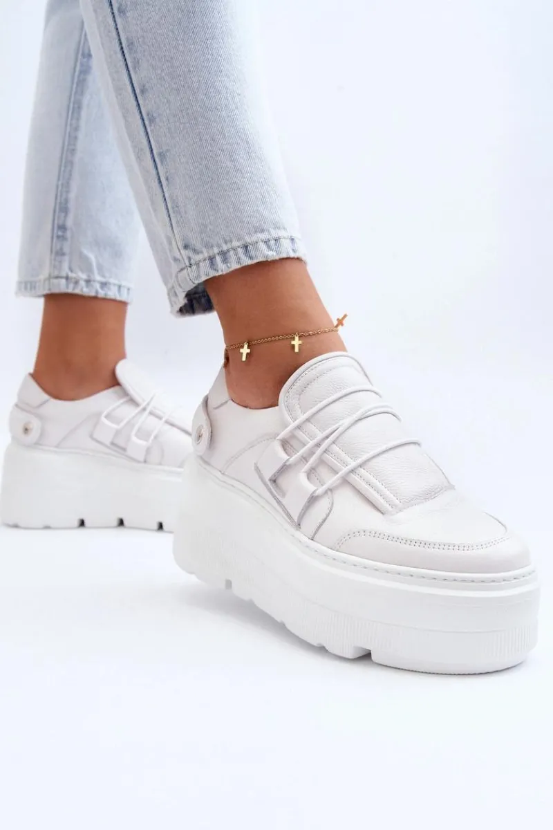 Online 1833 Sneakersy Damskie Skórzane Na Masywnej Podeszwie Białe Damskie Buty Sportowe Na Platformie