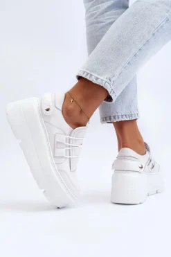 Online 1833 Sneakersy Damskie Skórzane Na Masywnej Podeszwie Białe Damskie Buty Sportowe Na Platformie