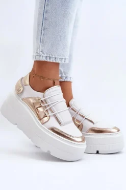 Hot 1833 Sneakersy Damskie Skórzane Na Masywnej Podeszwie Biało-Złote Damskie Buty Sportowe Na Platformie