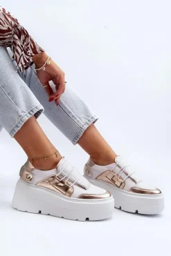 Hot 1833 Sneakersy Damskie Skórzane Na Masywnej Podeszwie Biało-Złote Damskie Buty Sportowe Na Platformie