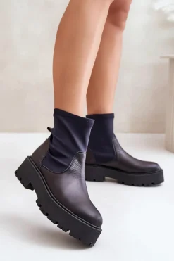 Sale 2947 Wsuwane Botki Damskie Ze Skóry Naturalnej Czarne Damskie Botki Wiosenne|Czarne Botki