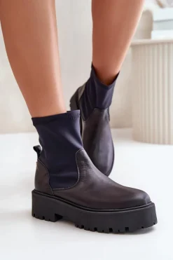 Sale 2947 Wsuwane Botki Damskie Ze Skóry Naturalnej Czarne Damskie Botki Wiosenne|Czarne Botki