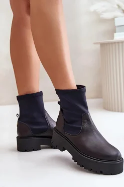 Sale 2947 Wsuwane Botki Damskie Ze Skóry Naturalnej Czarne Damskie Botki Wiosenne|Czarne Botki