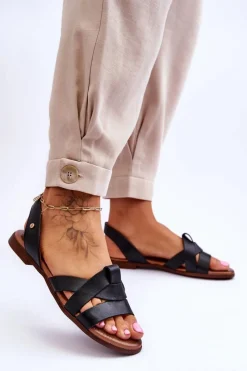 New 40185 Wygodne Skórzane Wsuwane Sandały Czarne Damskie Sandały Płaskie